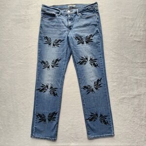 Levi 314 Shaping Straight Jeans Womens 33 Blue Butterfly Print Stretch 37W 30.5L